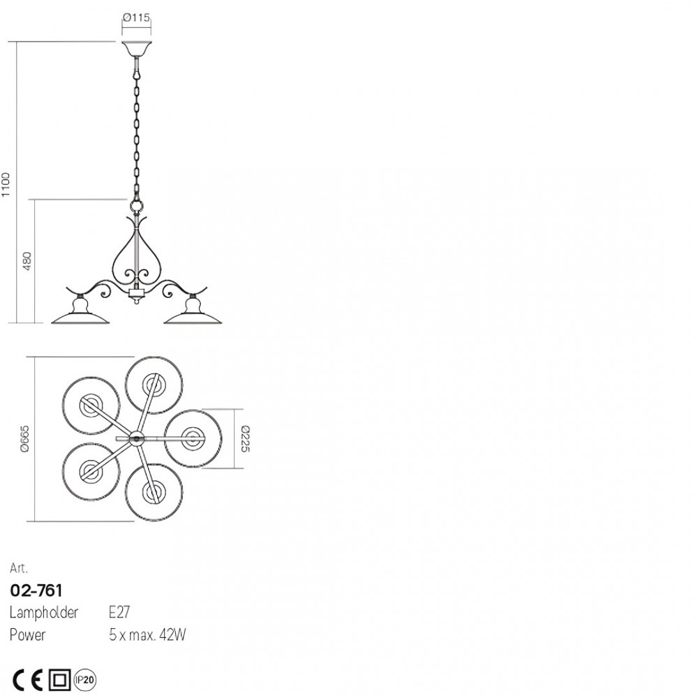 Chandelier Incanti Lena, metal, antique black/matt gold, 5XE27, D.66 cm