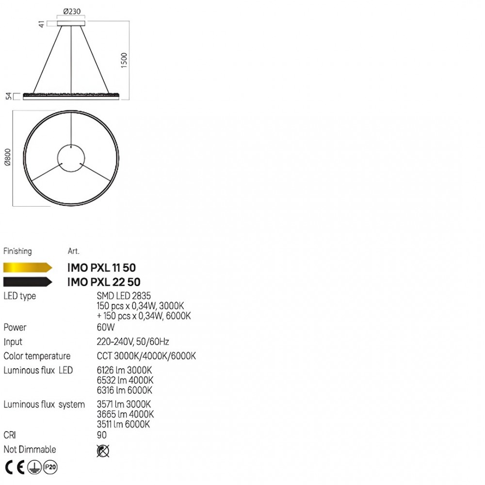Suspension Incanti Monarch, metal, matt gold, LED CCT, 60W, 3665 lumens, 3000K/4000K/6000K, D.80 cm