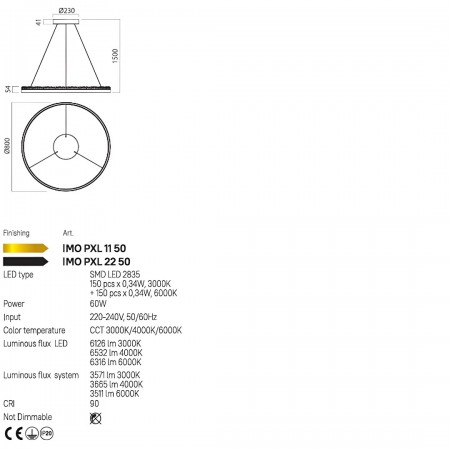 Suspension Incanti Monarch, metal, matt gold, LED CCT, 60W, 3665 lumens, 3000K/4000K/6000K, D.80 cm