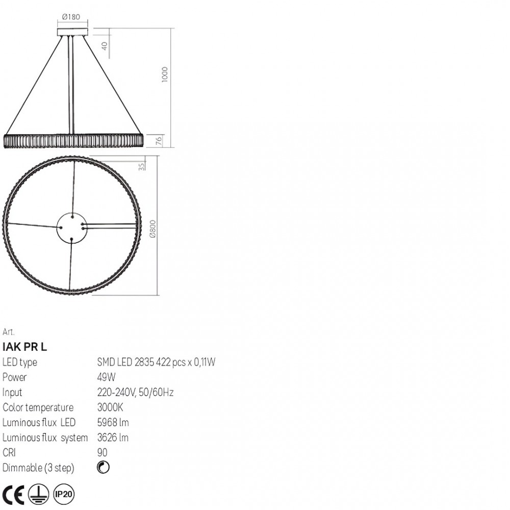 Suspension Incanti Akala, metal, gold plated, dimmable, LED, 49W, 3626 lumens, warm white 3000K, D.80 cm