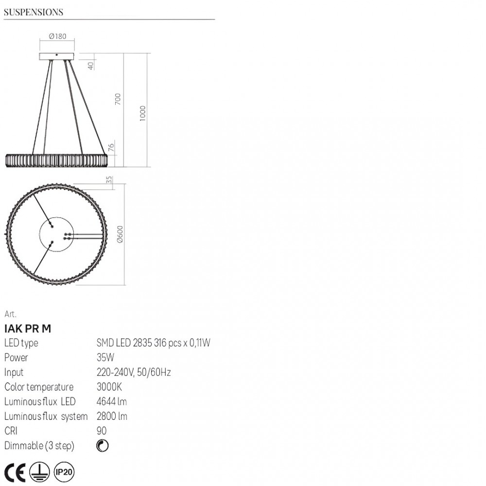 Suspension Incanti Akala, metal, gold plated, dimmable, LED, 35W, 2800 lumens, warm white 3000K, D.60 cm
