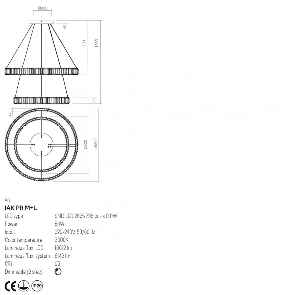 Suspension Incanti Akala, metal, gold plated, dimmable, LED, 84W, 6142 lumens, warm white 3000K, D.80 cm
