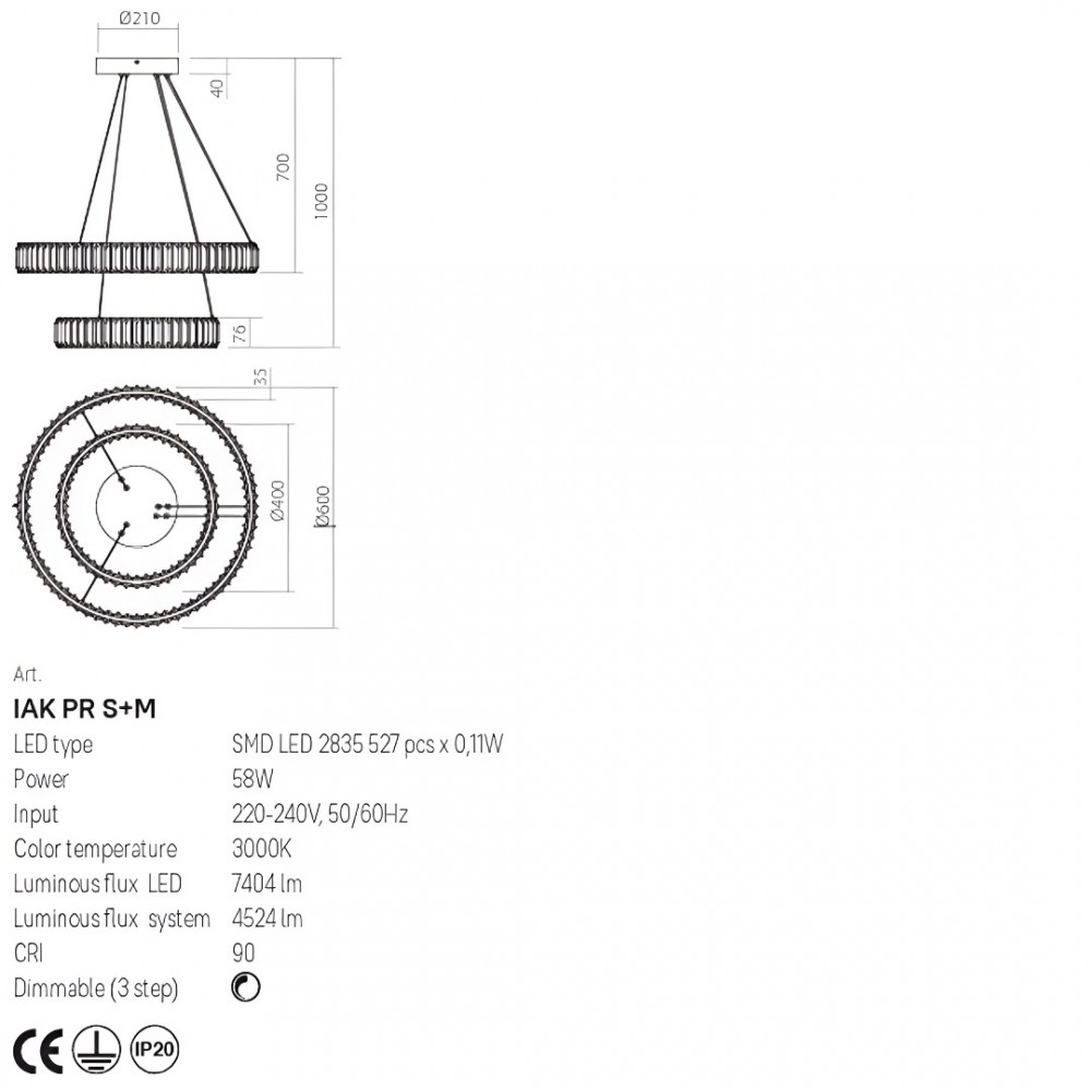 Suspension Incanti Akala, metal, gold plated, dimmable, LED, 58W, 4524 lumens, warm white 3000K, D.60 cm