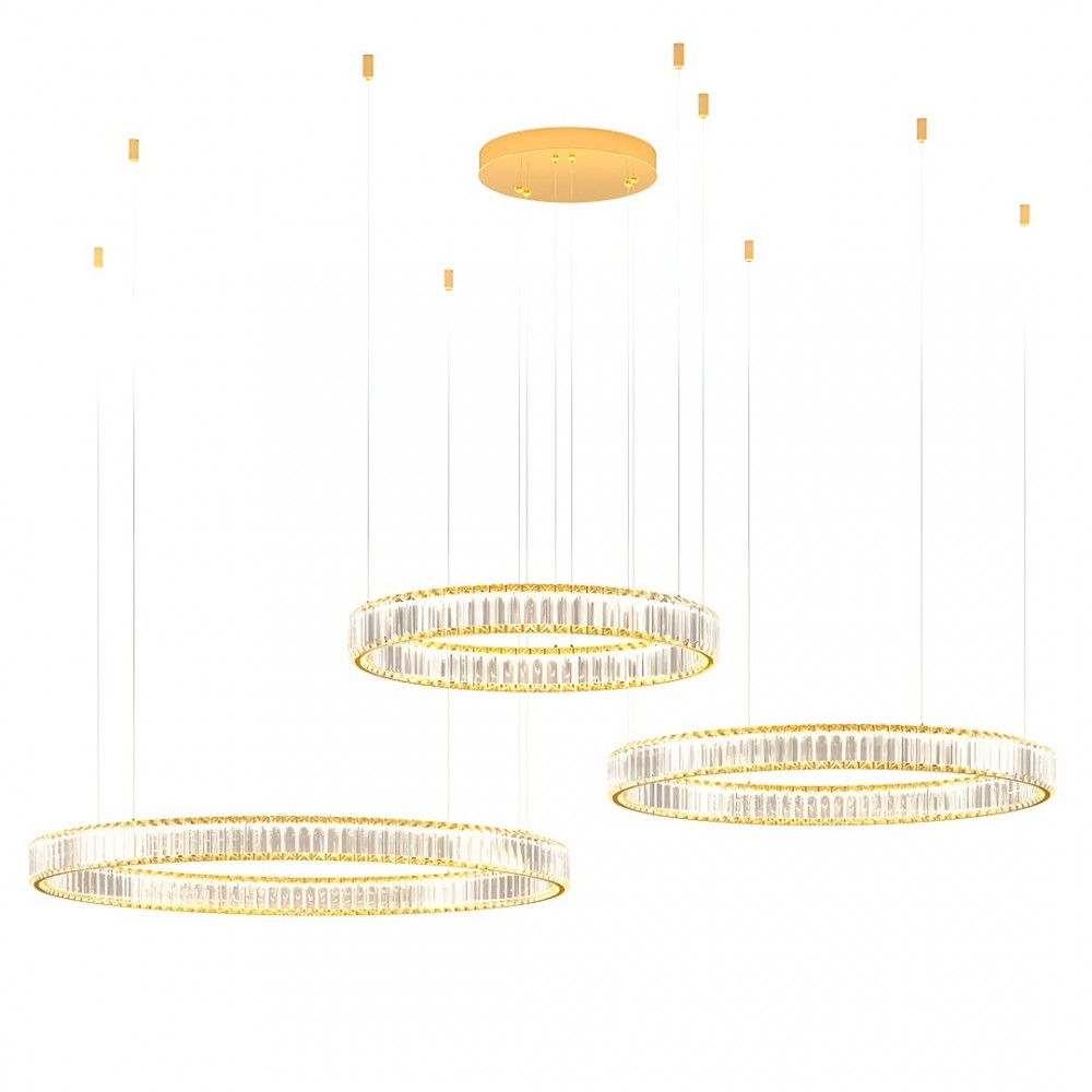 Suspension Incanti Akala, metal, gold plated, dimmable, LED, 142W, 11076 lumens, warm white 3000K, D.600cm+800cm+1000cm