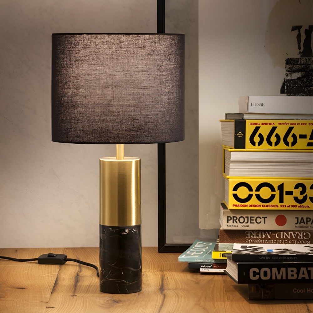 Table lamp Incanti Apua, metal, glossy gold, black marble, textile black, 1XE27, H.48 cm