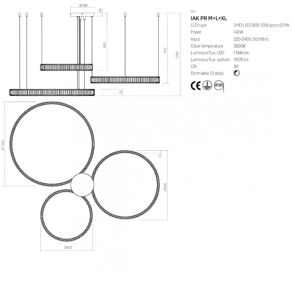 Suspension Incanti Akala, metal, gold plated, dimmable, LED, 142W, 11076 lumens, warm white 3000K, D.600cm+800cm+1000cm