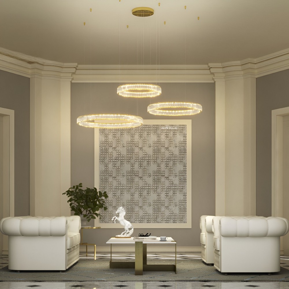 Suspension Incanti Akala, metal, gold plated, dimmable, LED, 142W, 11076 lumens, warm white 3000K, D.600cm+800cm+1000cm