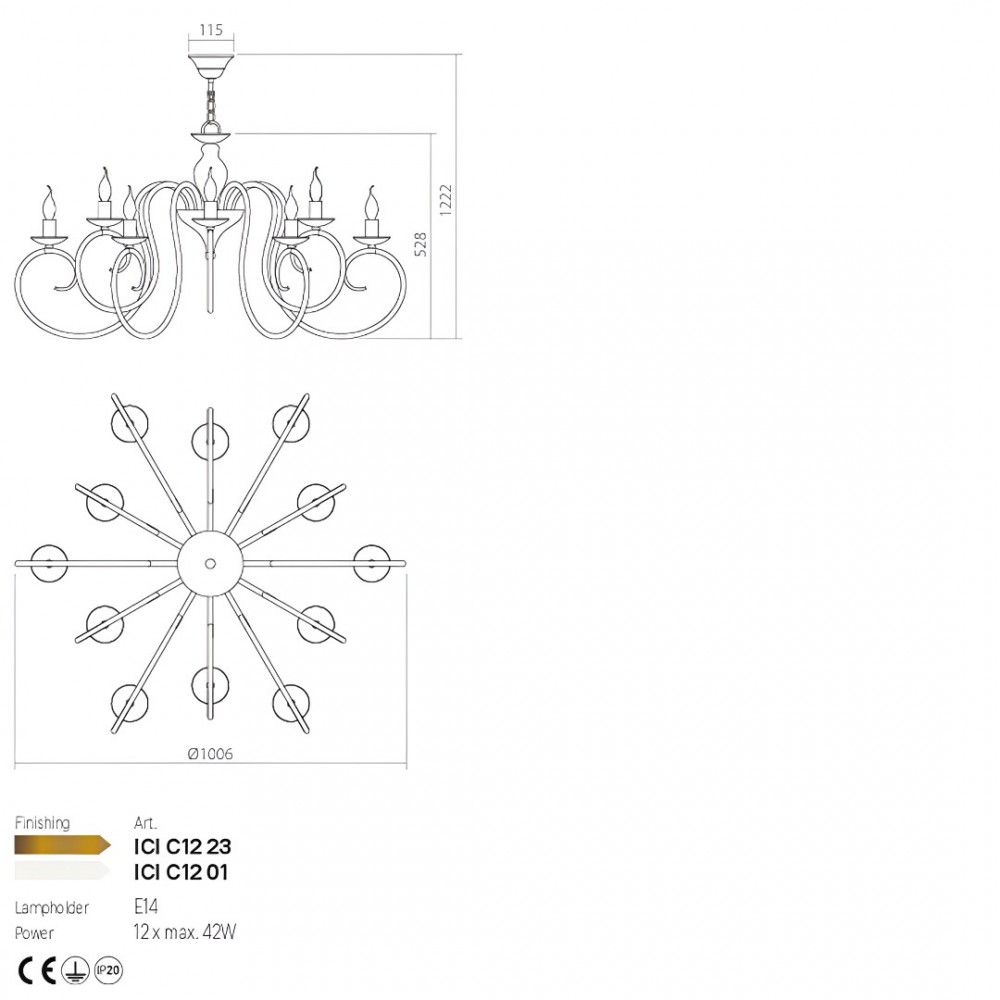 Chandelier Incanti Circe, metal, glossy white, 12XE14, D.100 cm