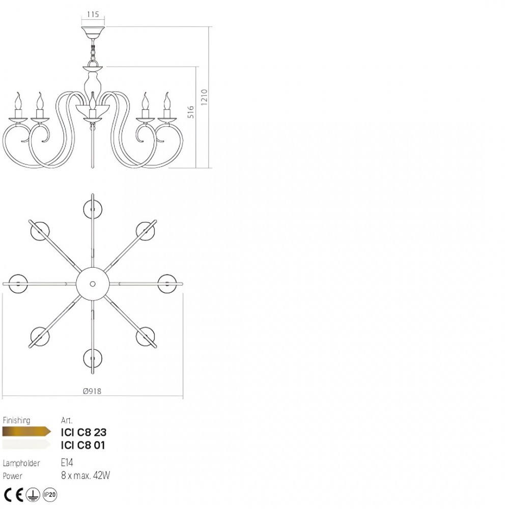 Chandelier Incanti Circe, metal, glossy white, 8XE14, D.92 cm