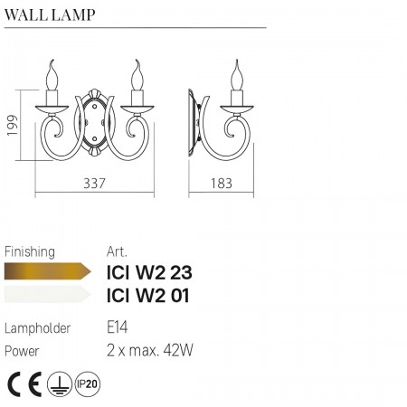 Wall lamp Incanti Circe, metal, glossy white, 2XE14, H.20 cm