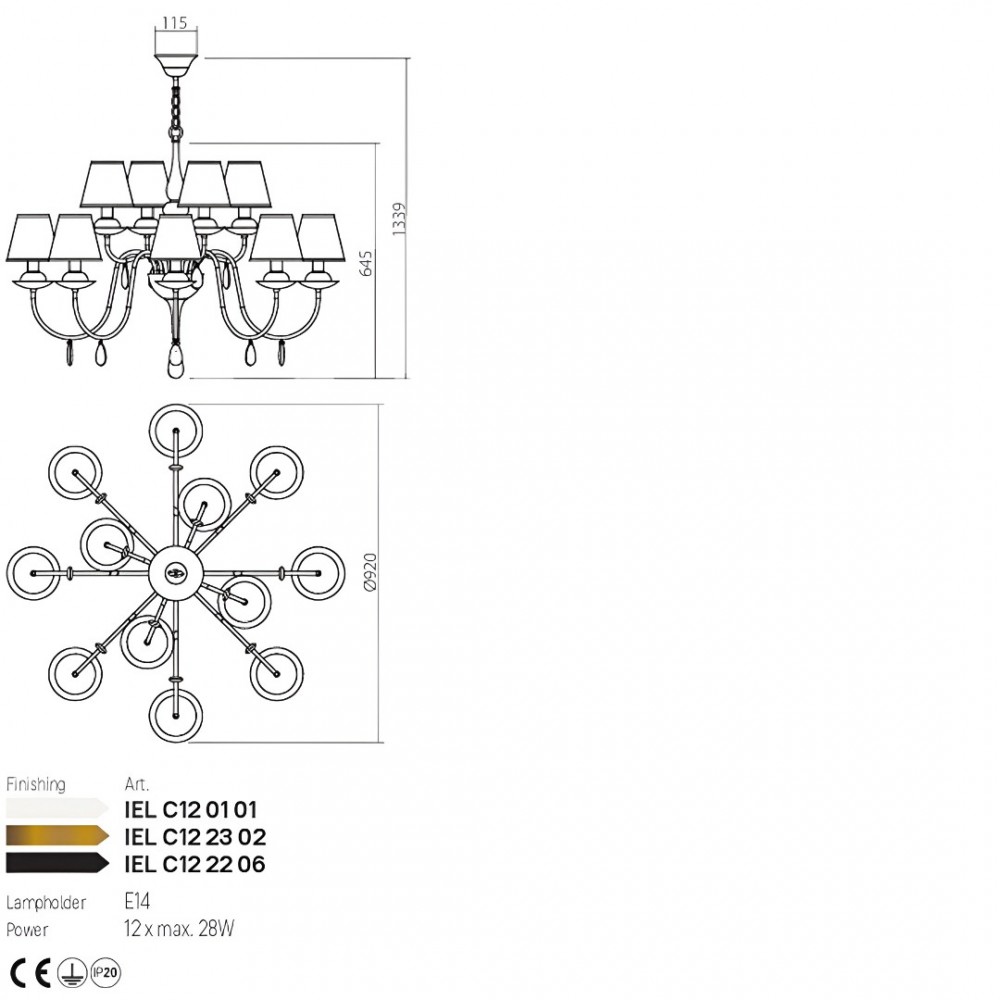 Chandelier Incanti Elizee, metal, fabric, matt black, 12XE14, D.92 cm