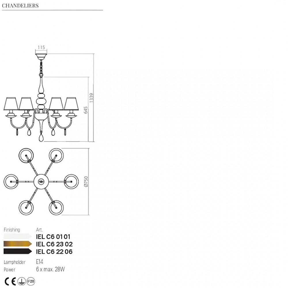 Chandelier Incanti Elizee, metal, fabric, matt white, 6XE14, D.75 cm