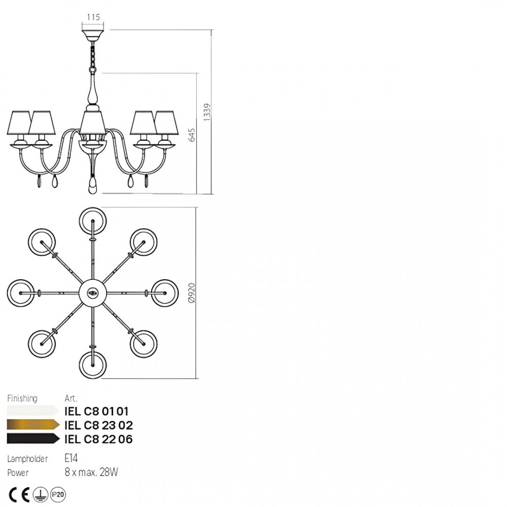 Chandelier Incanti Elizee, metal, fabric, matt black, 8XE14, D.92 cm