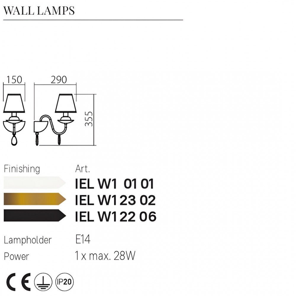 Wall lamp Incanti Elizee, metal, fabric, matt white, 1XE14, H.35 cm