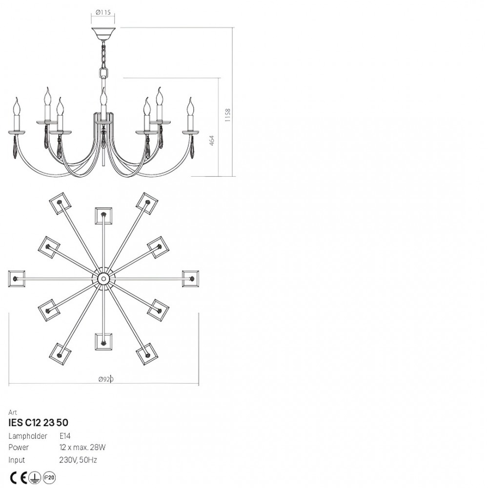 Chandelier Incanti Elisir, metal, brass, 12XE14, D.92 cm