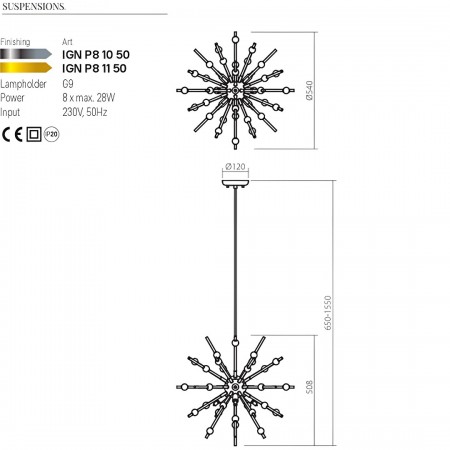 Suspension Incanti Genesi, metal, matt gold, glass, 8XG9, D.54 cm