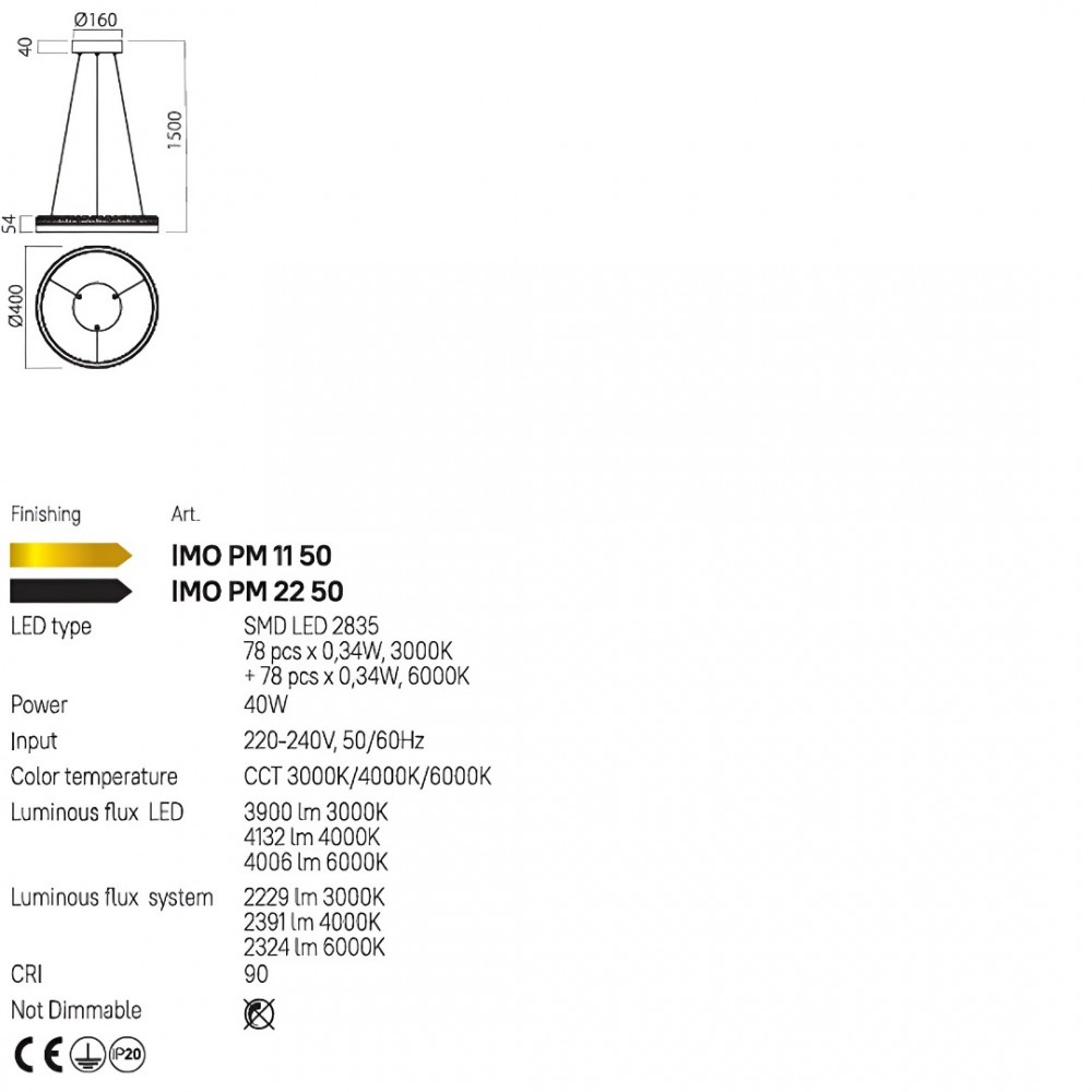 Suspension Incanti Monarch, metal, matt gold, LED CCT, 40W, 2391 lumens, 3000K/4000K/6000K, D.40 cm