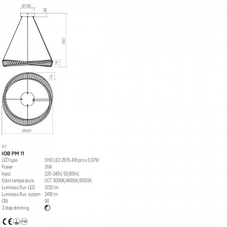 Suspension Incanti Oblige, metal, gold plated, dimmable, LED CCT, 31W, 2418 lumens, 3000K/4000K/6000K, D.60 cm