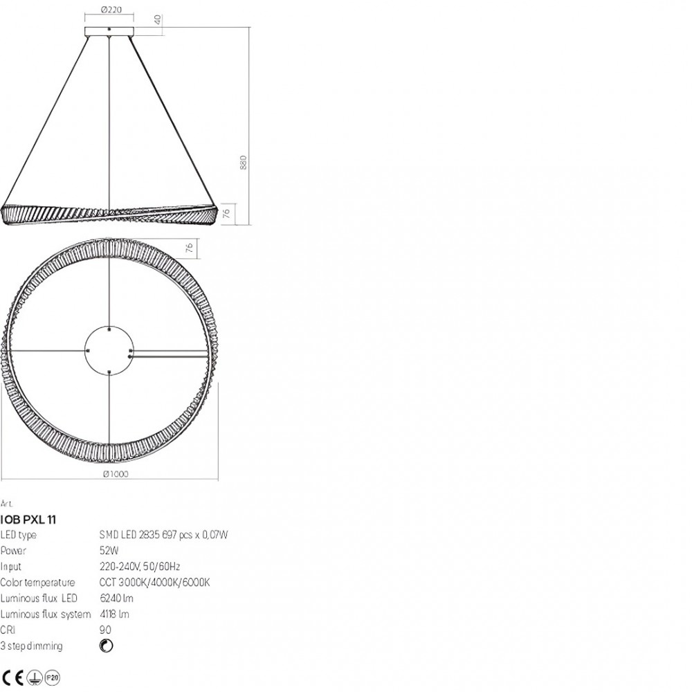 Suspension Incanti Oblige, metal, gold plated, dimmable, LED CCT, 52W, 4118 lumens, 3000K/4000K/6000K, D.100 cm