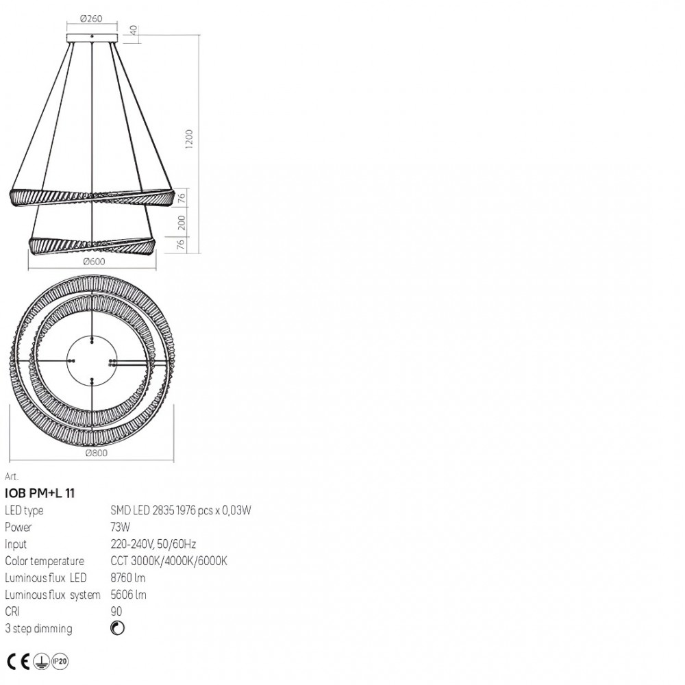 Suspension Incanti Oblige, metal, gold plated, dimmable, LED CCT, 73W, 5606 lumens, 3000K/4000K/6000K, D.80 cm