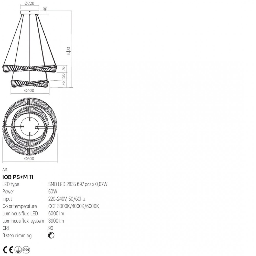Suspension Incanti Oblige, metal, gold plated, dimmable, LED CCT, 50W, 3900 lumens, 3000K/4000K/6000K, D.60 cm