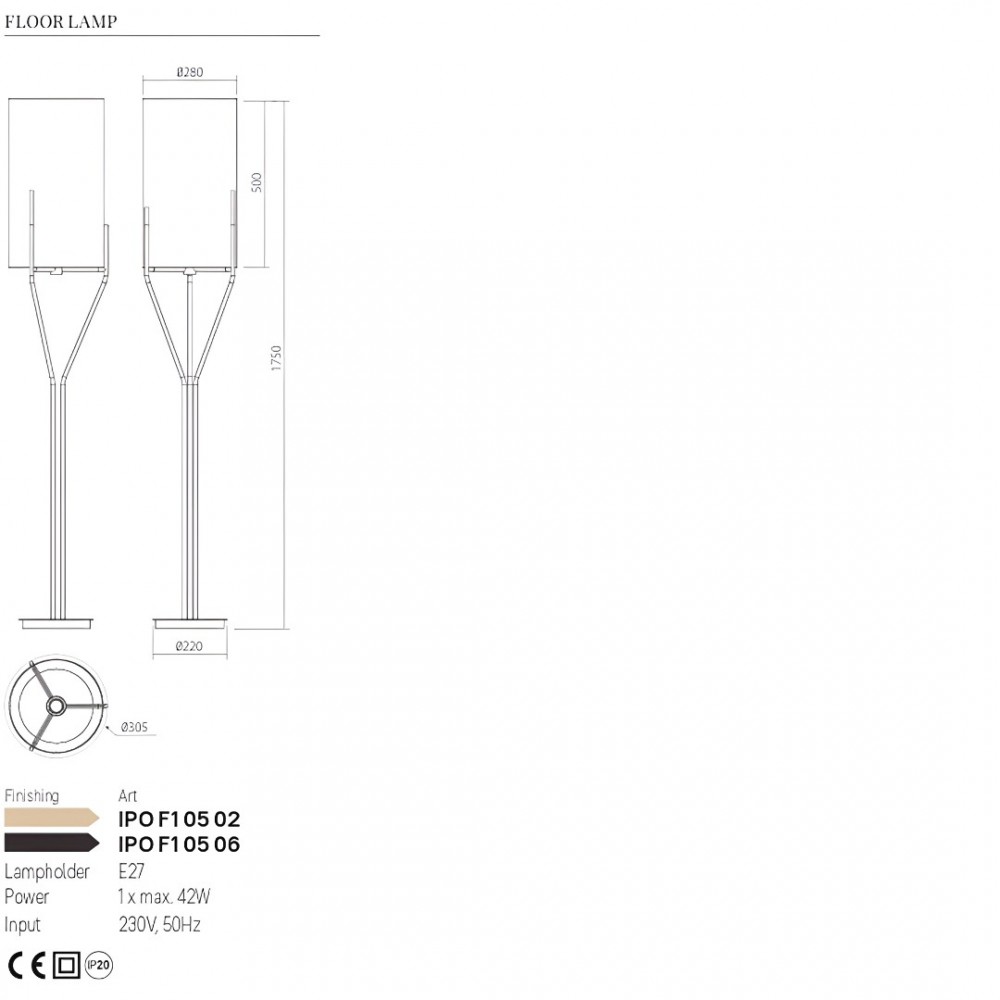 Floor lamp Incanti Poseido, metal, matt gold, textile black, 1XE27, H.175 cm