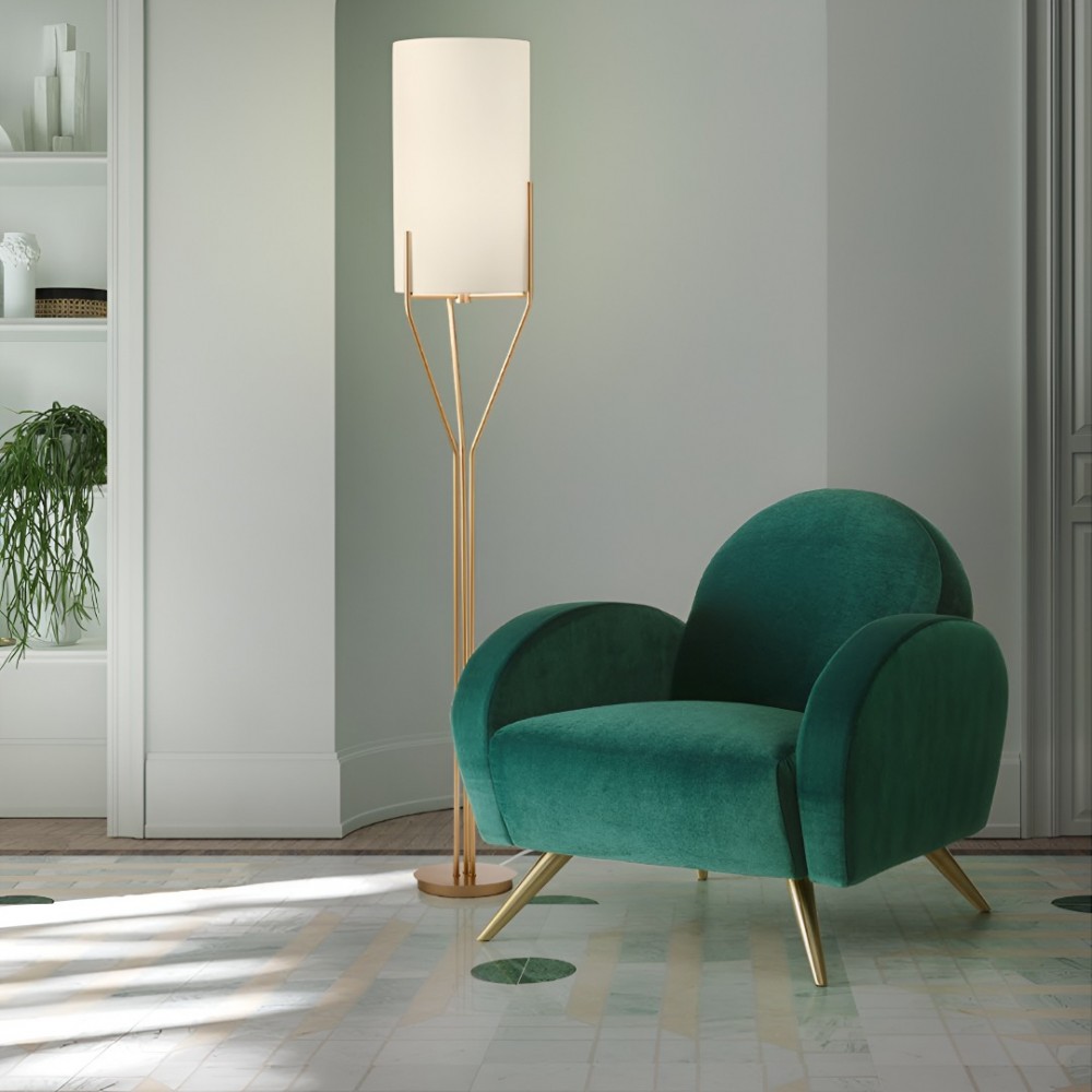 Floor lamp Incanti Poseido, metal, matt gold, textile beige, 1XE27, H.175 cm