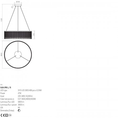 Suspension Incanti Vanesia, metal, brushed gold, dimmable, LED CCT, 47W, 3800 lumens, 3000K/4000K/6000K, D.80 cm