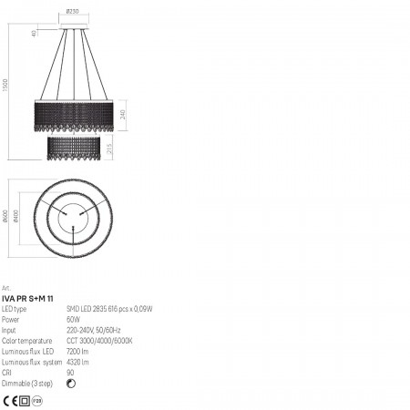 Suspension Incanti Vanesia, metal, brushed gold, dimmable, LED CCT, 60W, 4320 lumens, 3000K/4000K/6000K, D.60 cm+40 cm