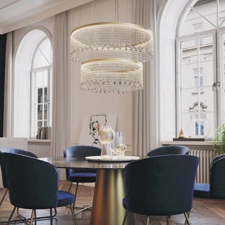 Suspension Incanti Vanesia, metal, brushed gold, dimmable, LED CCT, 72W, 5160 lumens, 3000K/4000K/6000K, D.80 cm+60 cm