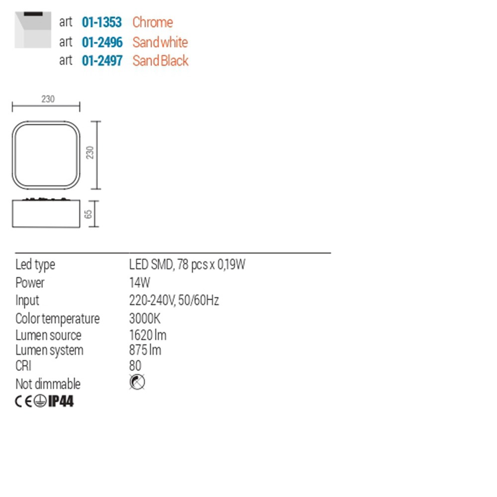 Ceiling lamp Redo Screen IP, metal, sand white, LED, 14W, 875 lumens, warm white 3000K, 23X23 cm, IP44