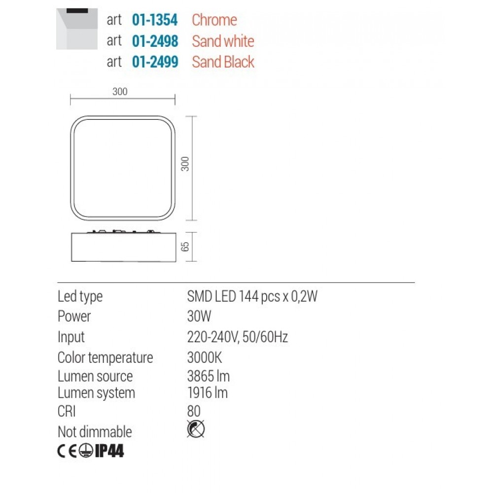 Ceiling lamp Redo Screen IP, metal, glass, sand white, LED, 30W, 1916 lumens, warm white 3000K, IP44