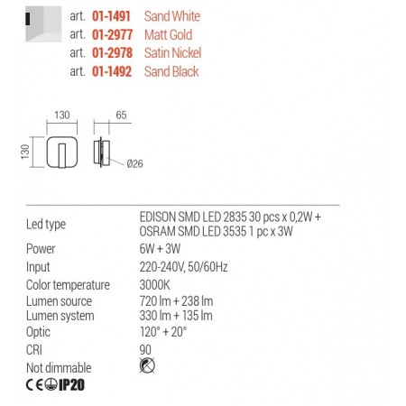 Wall lamp Redo Quda, metal, matt gold, LED, 6W + 3W, 465 lumens, warm white 3000K, H.13 cm