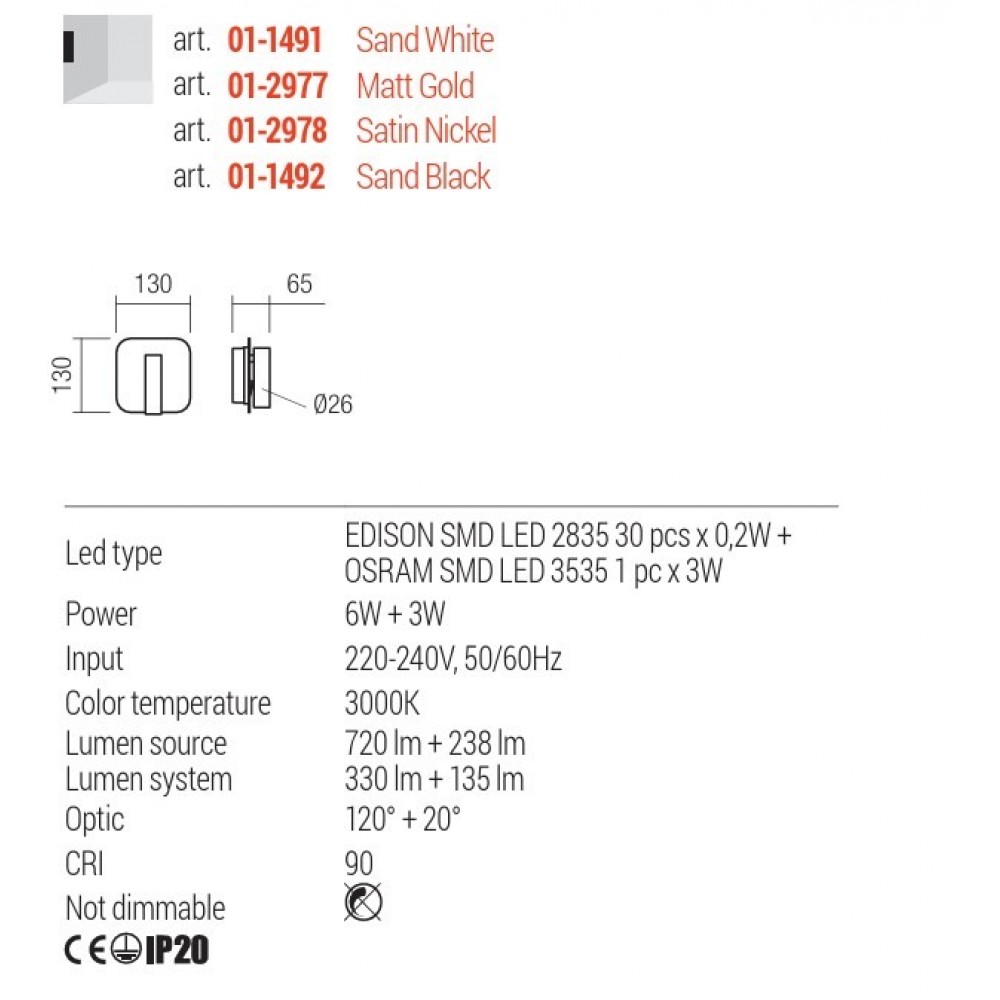 Wall lamp Redo Quda, metal, satin nickel, LED, 6W+3W, 465 lumens, warm white 3000K, H.13 cm