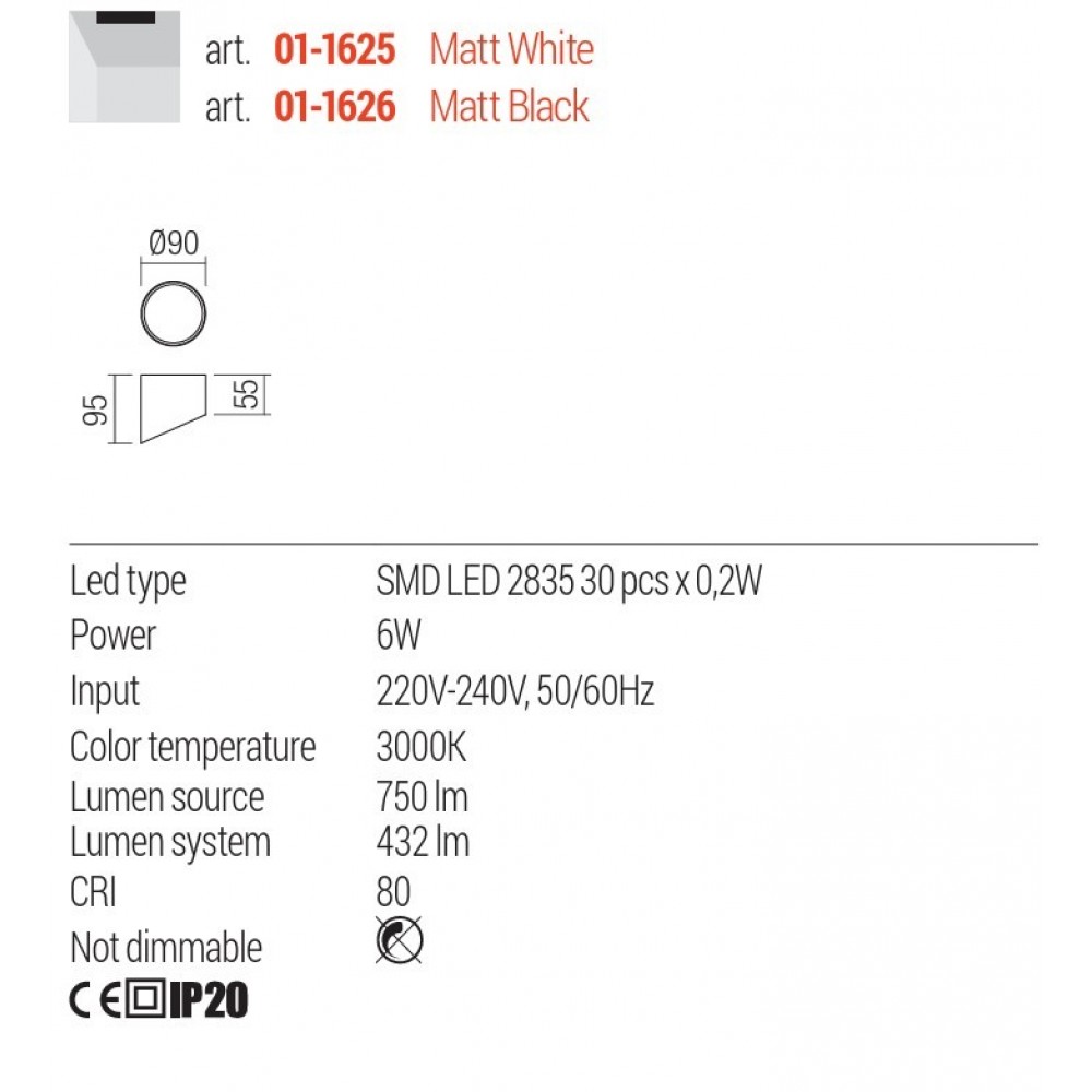 Ceiling lamp Redo Uto, metal, matt white, LED, 6W, 432 lumens, warm white 3000K, D.9 cm
