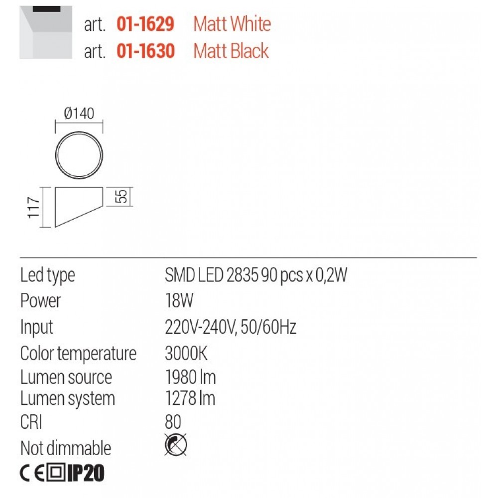 Ceiling lamp Redo Uto, metal, matt white, LED, 18W, 1278 lumens, warm white 3000K, D.14 cm