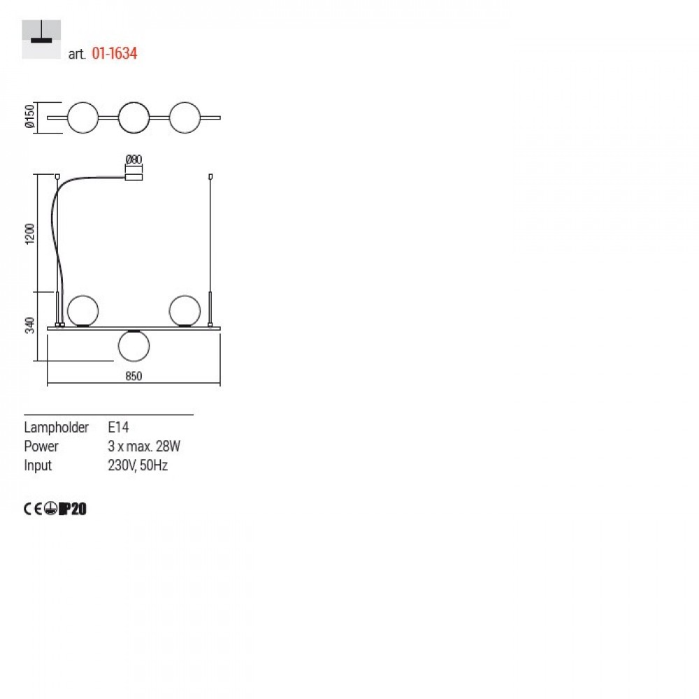 Pendant lamp Redo Talis, metal, glass, bronze, 3XE14, L.85 cm