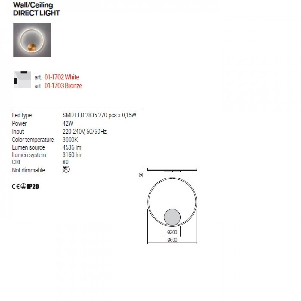 Wall lamp Redo Orbit, metal, bronze, LED, 40,5W, 3568 lumens, warm white 3000K, D.60 cm