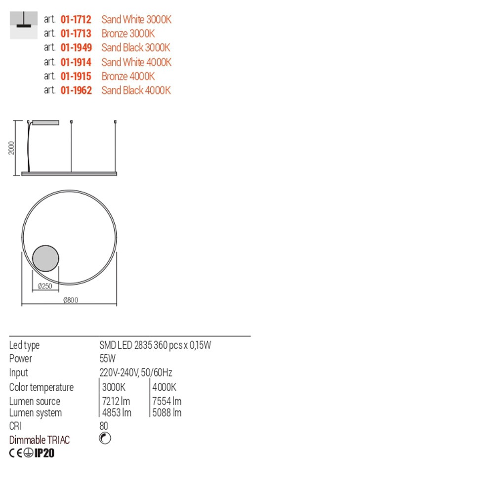 Pendant lamp Redo Orbit, metal, sand black, LED, 55W, 5088 lumens, neutral white 4000K, D.80 cm