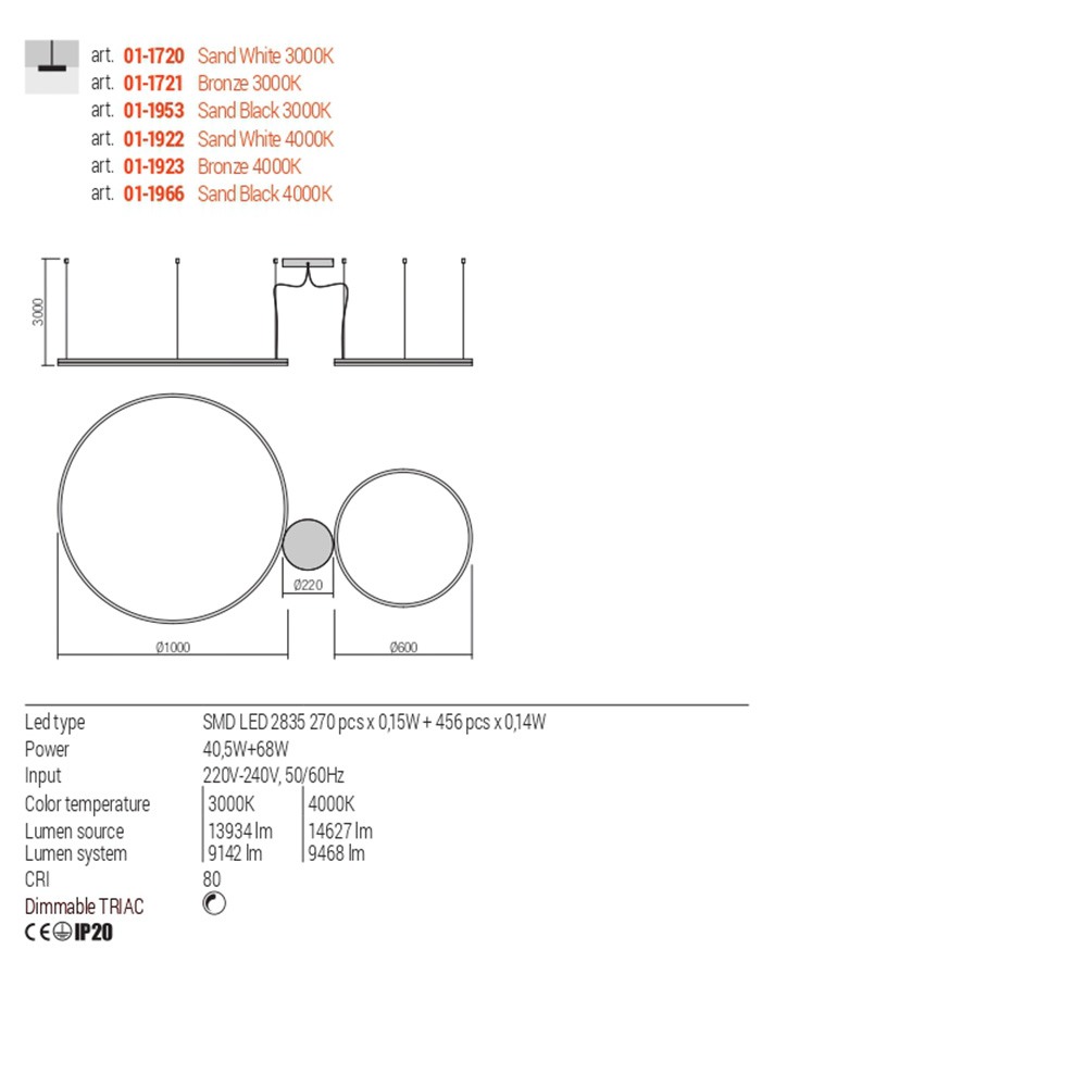 Pendant lamp Redo Orbit, metal, sand black, LED, 40,5W + 68W, 9468 lumens, neutral white 4000K