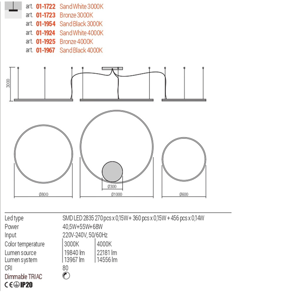 Pendant lamp Redo Orbit, metal, sand black, LED, 40,5W + 55W + 68W, 13967 lumens, warm white 3000K