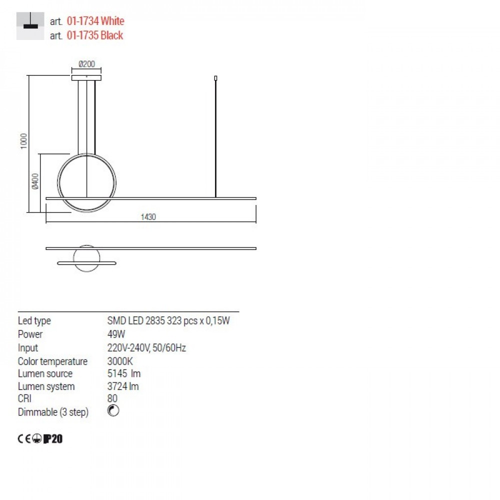 Pendant lamp Redo Giotto, metal, black, dimmable, LED, 46W, 3724 lumens, warm white 3000K, L.143 cm