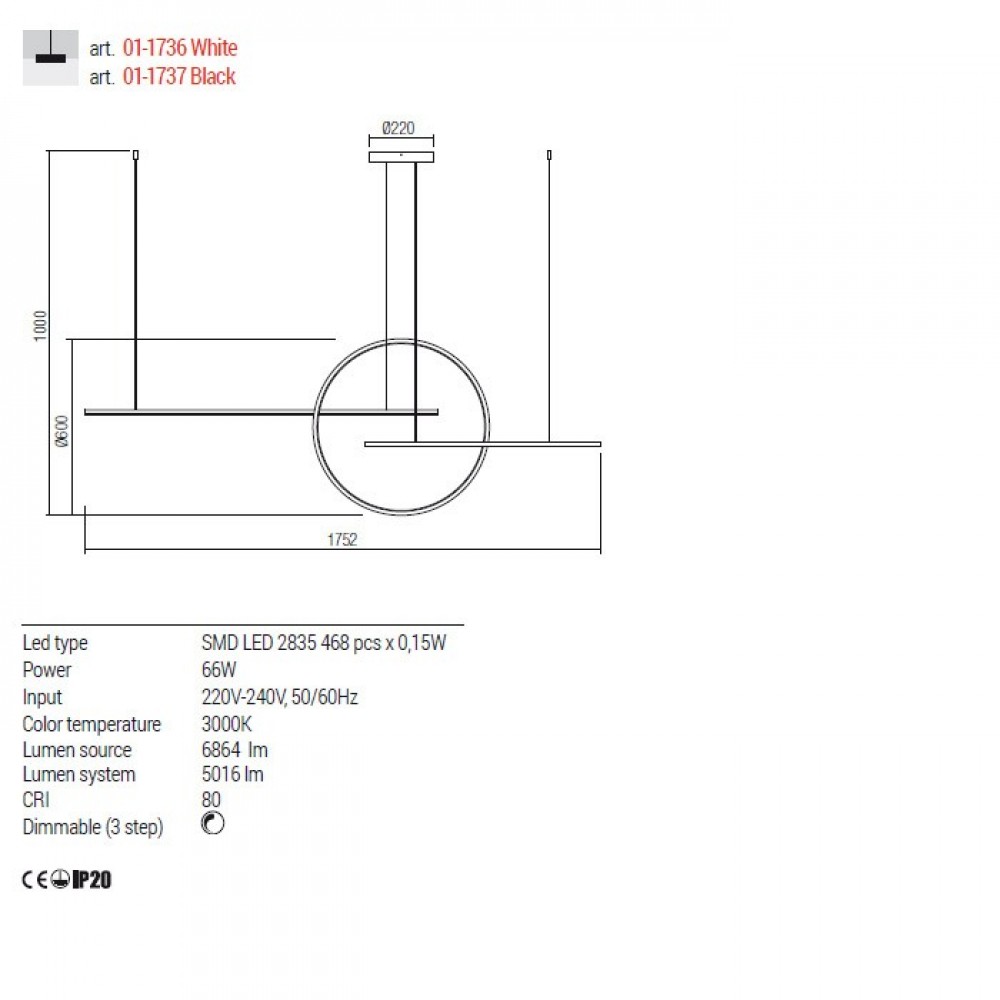 Pendant lamp Redo Giotto, metal, matt black, dimmable, LED, 66W, 5016 lumens, warm white 3000K, L.175 cm