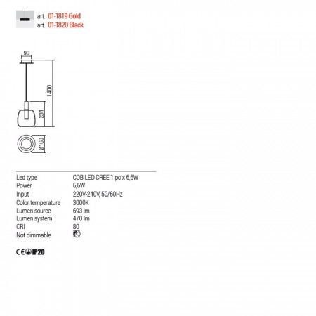 Suspension Redo Candela, metal, glass, matt black, LED, 8W, 470 lumens, warm white 3000K, D.16 cm