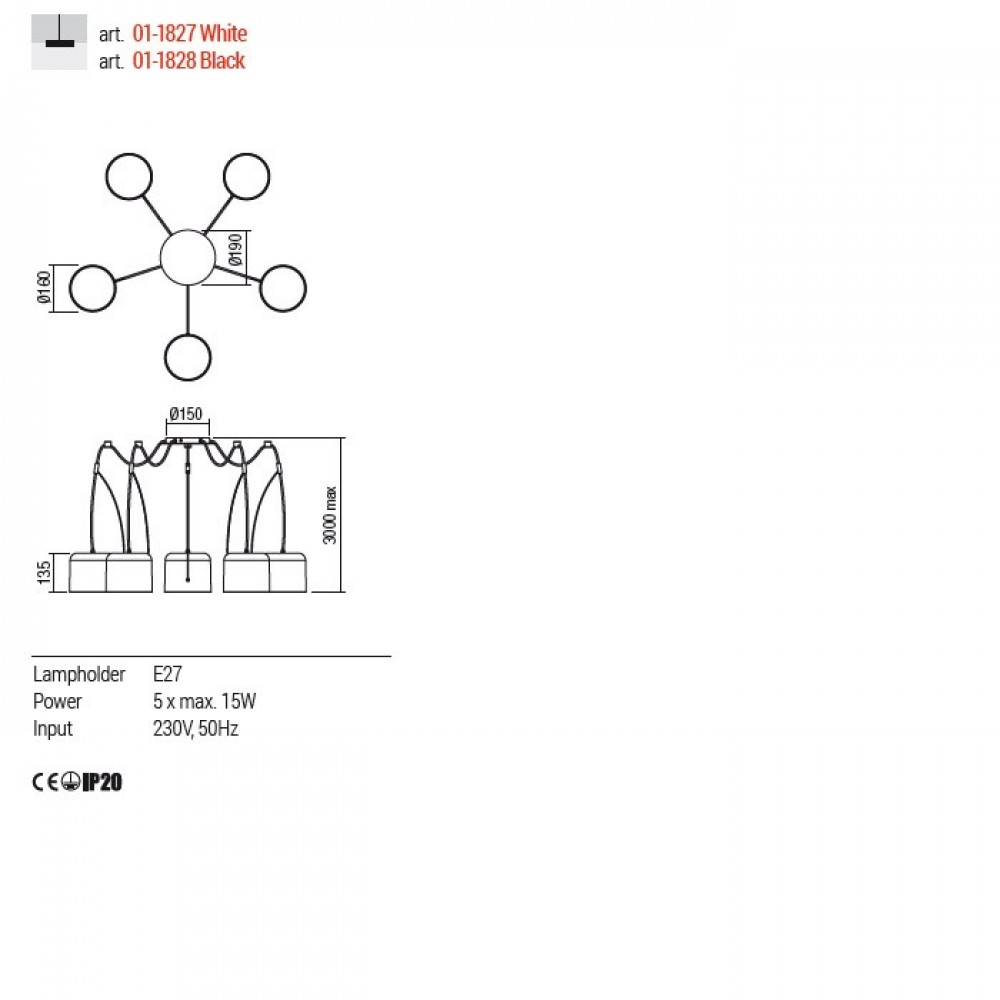 Suspension Redo Dodo, metal, sand white, 5XE27, L.300 cm
