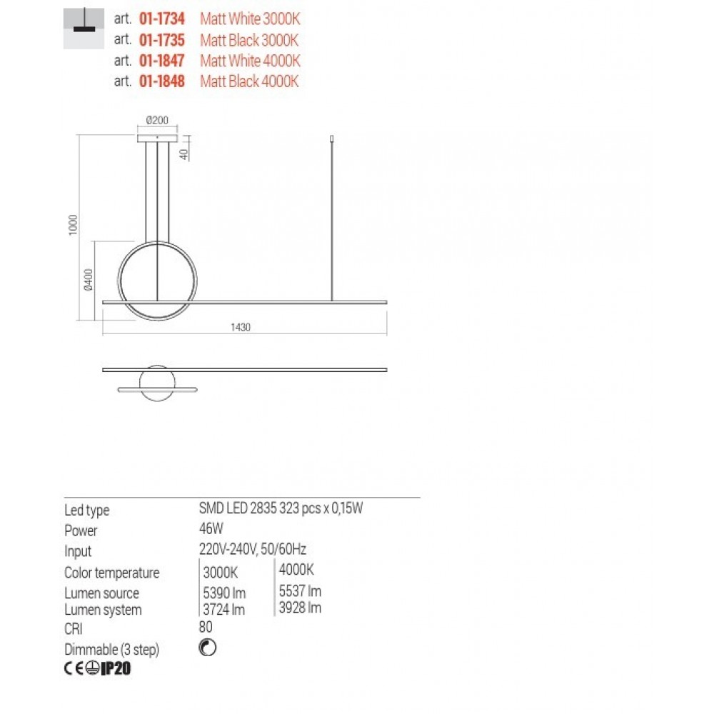 Pendant lamp Redo Giotto, metal, matt white, dimmable, LED, 46W, 3928 lumens, neutral white 4000K, L.143 cm