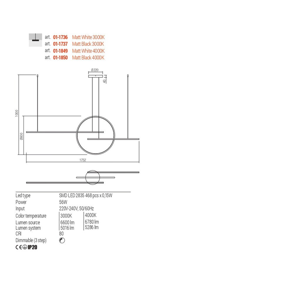 Pendant lamp Redo Giotto, metal, white, dimmable, LED, 56W, 6780 lumens, neutral white 4000K