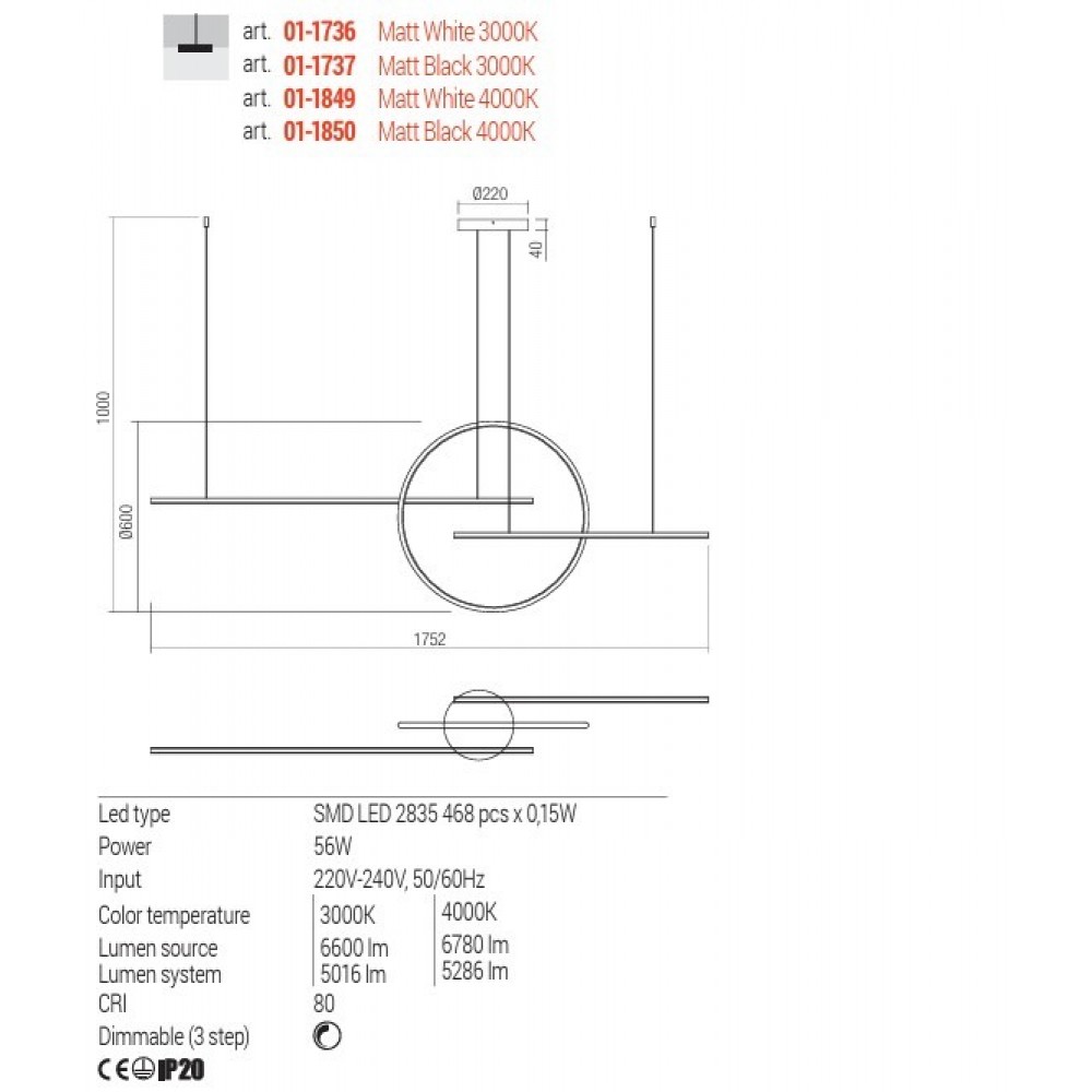 Pendant lamp Redo Giotto, metal, matt black, dimmable, LED, 56W, 5286 lumens, neutral white 4000K, L.175 cm