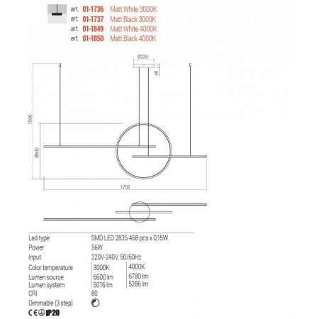 Pendant lamp Redo Giotto, metal, matt black, dimmable, LED, 56W, 5286 lumens, neutral white 4000K, L.175 cm