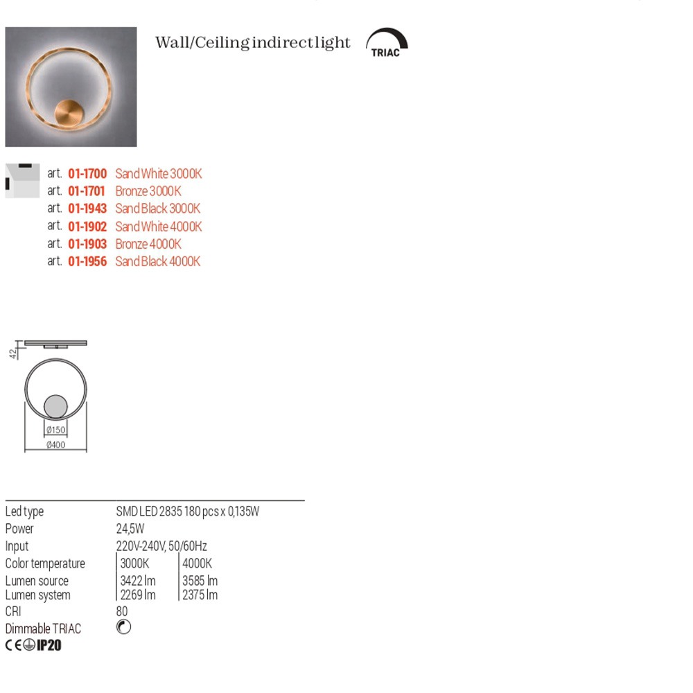 Wall lamp Redo Orbit, metal, sand black, LED, 24,5W, 2375 lumens, neutral white 4000K, D.40 cm